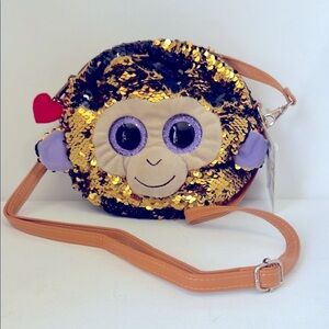 NWT Ty BeanieBabies Coconut the Monkey Gold Sequin Shoulder Purse 6"